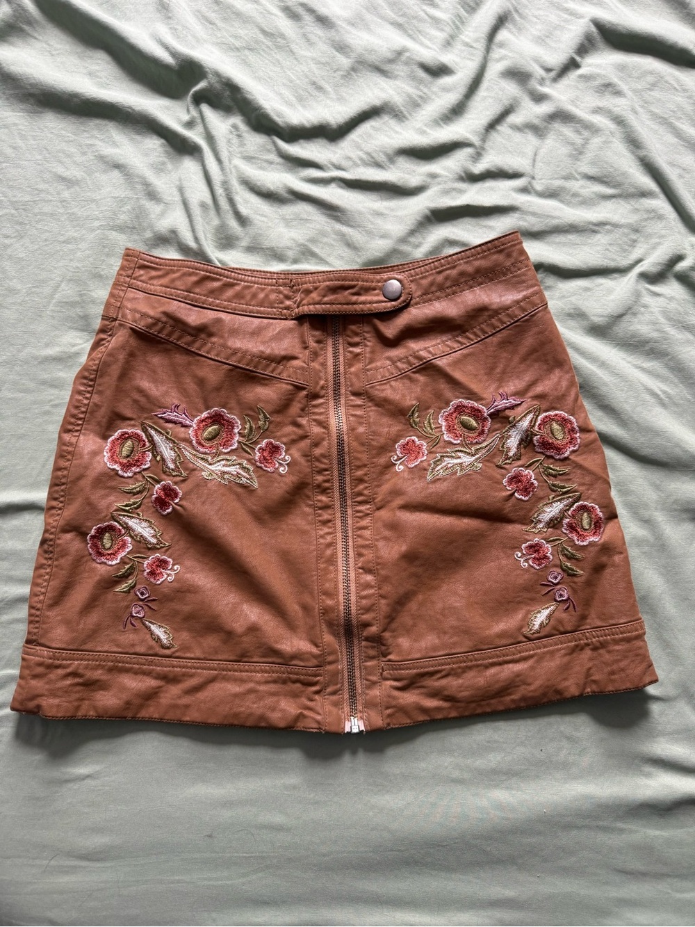 Free People Rust Brown Embroidered Floral Mini Skirt
